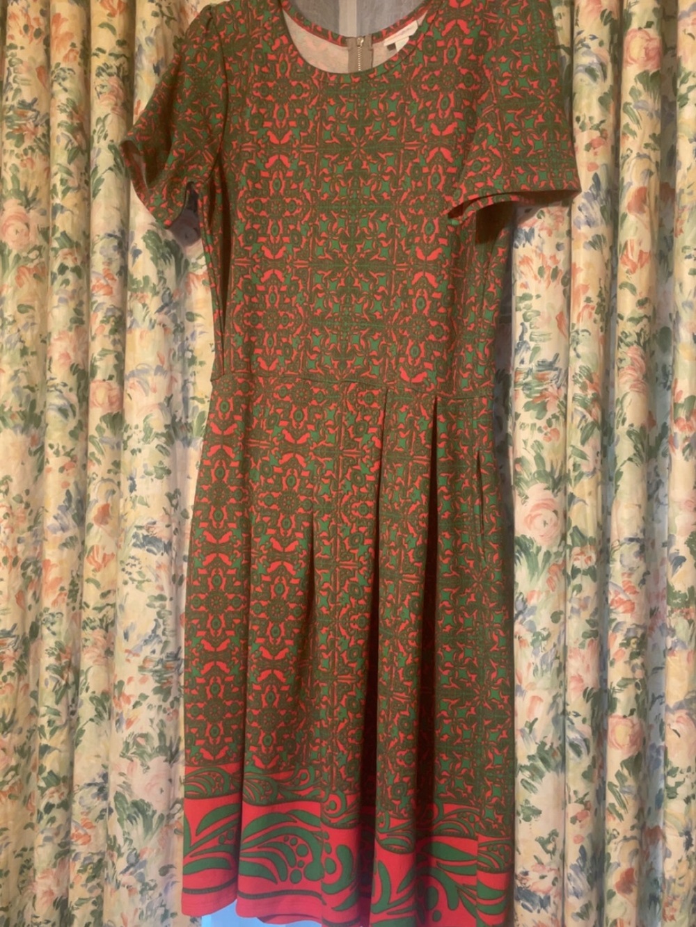 LuLaRoe Green and Coral Border-Print Fit & Flare Dress